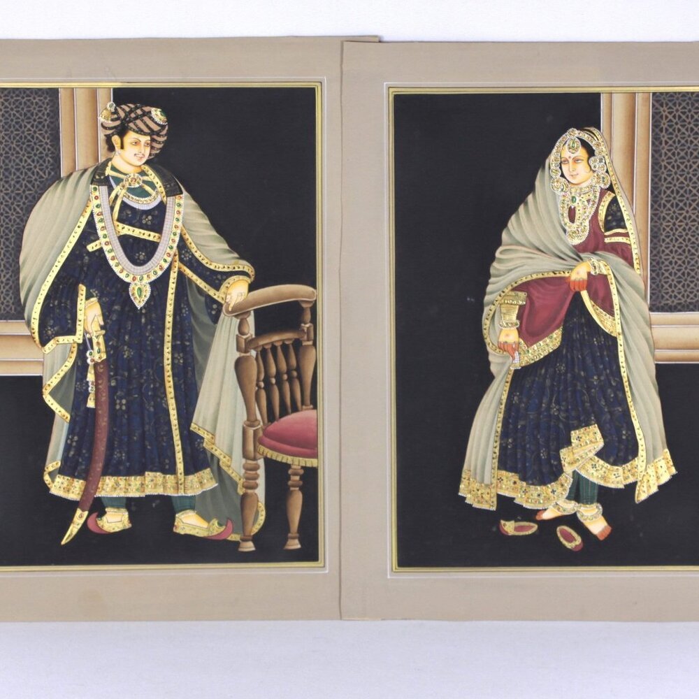 Vintage PAIR Rajasthani Miniature Art Painting on Paper, Punjabi wall art to